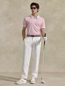 Courvante Men Quarter Zip Contrast Collar Tee, Short Sleeve Light Pink, For Golf Tennis, Business Commute & Boyfriend - Baby Pink - View 2