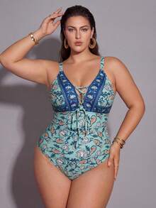 Shapewave Plus Size Women Floral Print Tie-Up One-Piece Swimsuit - Multicolor - View 3