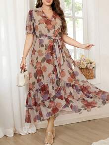 Reflora Vestido de moda con cuello en V, estampado floral y volantes para mujer de talla grande - Multicolor - Ver 7