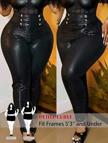 SHEIN PETITE CURVE 大尺碼女款小個子高腰皮革緊身褲，黑色與金色，秋季，優雅，電音派對，優雅辦公儀式派對度假 - 黑色 - 查看 12