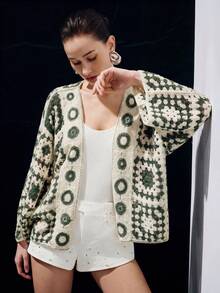 SHEIN Áo khoác cardigan dáng rộng tay cánh dơi khoét rỗng dành cho nữ - Màu xanh lá cây đậm - Xem 3