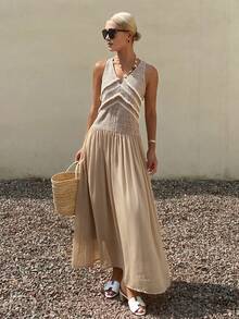 DAZY Đầm nghỉ mát thanh lịch không tay cổ chữ V sâu, viền ren tua rua tương phản dành cho nữ - Màu Khaki - Xem 3