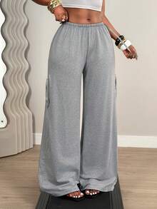 Mistrie Summer Grey High-Waisted Side Tie Wide Leg Pants, Loose Drawstring Casual Sports Trousers - Grey - View 5