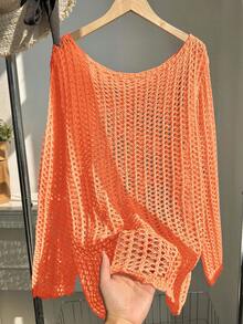 SHEIN EZwear Plus Size Women Open Knit Casual Vacation Solid Color Semi-Sheer Sweater, Autumn - Pink - View 5