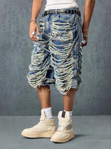 Street Life Spring/Summer Casual Graphic Men'S Distressed Denim 3/4 Length Blue Shorts - Blue - View 12