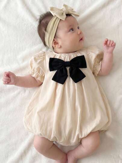 Cozy Pixies 新生女宝宝撞色蝴蝶结圆领泡泡短袖连体衣