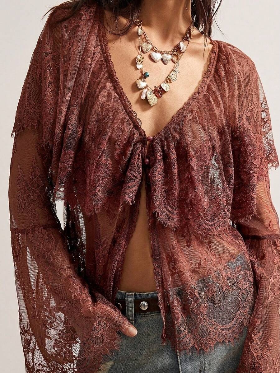 Bohemela Women's Casual Solid Color Knit Lace V-Neck Flare Sleeve Ruffle Hem Blouse - Coffee Brown - View 1