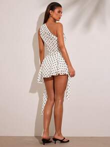 SHEIN BAE Robe à la mode avec volants à l'ourlet, imprimé à pois, sans manches pour femmes - Blanc - Voir 2