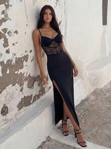 Backless Split Thigh Bustier Lace Cami Dress Maxi Women Outfit - Black - View 1