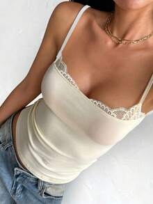 Livesso Women's Fitted Solid Color Contrast Lace Camisole Summer - Mustard Yellow - View 6