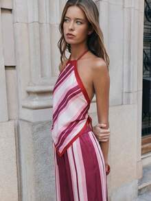 Nöista Co-Ord Halter Neckline With Red Trim And Diagonal Navy, White, And Gray Stripes On The Top. The Wide-Leg Pants Continue The Vertical Stripe Pattern. Set, Spring, Summer, Easter. - Pink - View 7