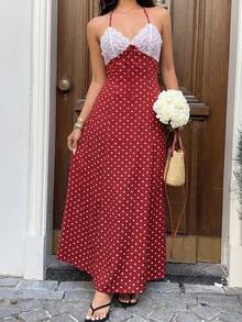 Sunnyshic Đầm maxi nữ màu đen chấm bi phối ren, cổ chữ V, hở lưng, buộc eo, thích hợp cho mùa xuân/hè, thanh lịch cho kỳ nghỉ/hẹn hò/đám cưới, phong cách tối giản mặc hàng ngày. - Màu Đỏ Sâu - Xem 5