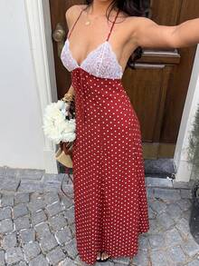 Sunnyshic Đầm maxi nữ màu đen chấm bi phối ren, cổ chữ V, hở lưng, buộc eo, thích hợp cho mùa xuân/hè, thanh lịch cho kỳ nghỉ/hẹn hò/đám cưới, phong cách tối giản mặc hàng ngày. - Màu Đỏ Sâu - Xem 7