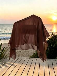 Modelyn 女士纯色不对称下摆雪纺衬衫 - 棕色 - 查看 5