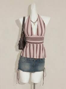 SHEIN ICON Áo tank top nữ kiểu dáng thường ngày, cổ chữ V khoét sâu, hở lưng, họa tiết sọc cổ điển Mỹ, phong cách Y2K, mùa hè. - Nhiều màu - Xem 5