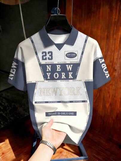 Aesthetic Post Polo retro estilo estadounidense de Nueva York con número 23, camiseta deportiva de manga corta holgada con cuello de contraste para el verano, camiseta a juego para parejas, camiseta gráfica, camisa casual de estilo urbano