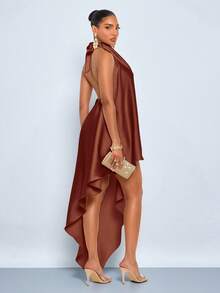 SOLERSUN Spring/Summer Women's Elegant Party/Wedding Glossy Fabric Sleeveless Asymmetrical Dress. - Brown - View 3