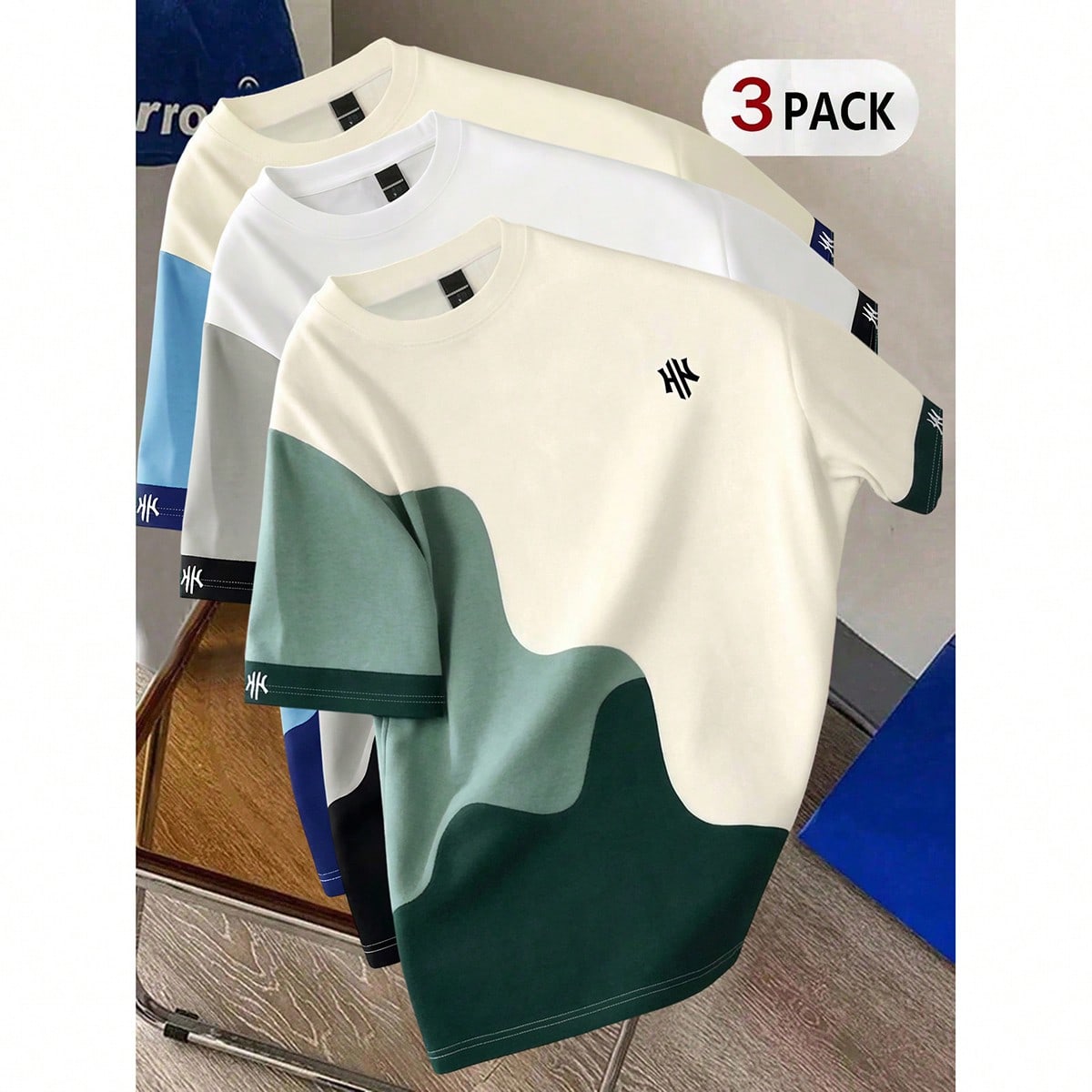 Set de 3 camisetas casuales de hombre con estampado de color contrastante, adecuadas para el verano, salidas, escuela, regalos para amigos, etc