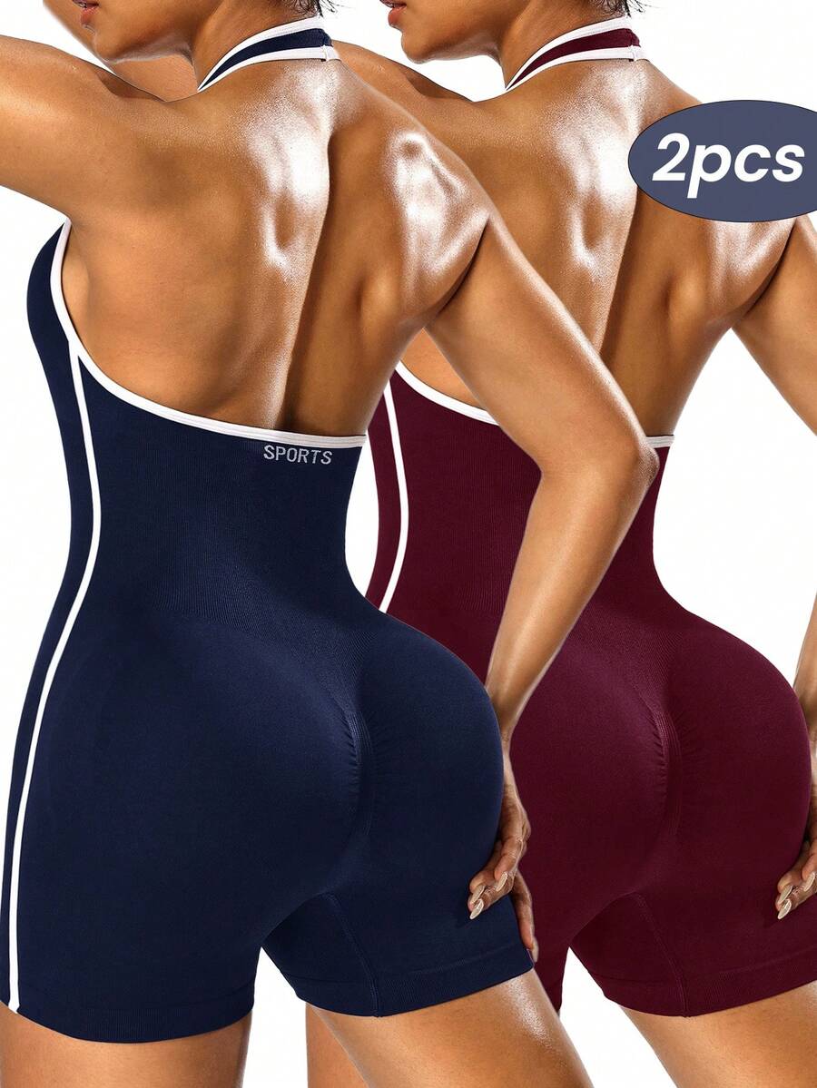Velisys Velisys 2pcs/Set Jumpsuit Olahraga Wanita Tanpa Jahitan Warna Polos Model Halter Tanpa Punggung - MultiWarna - View 1