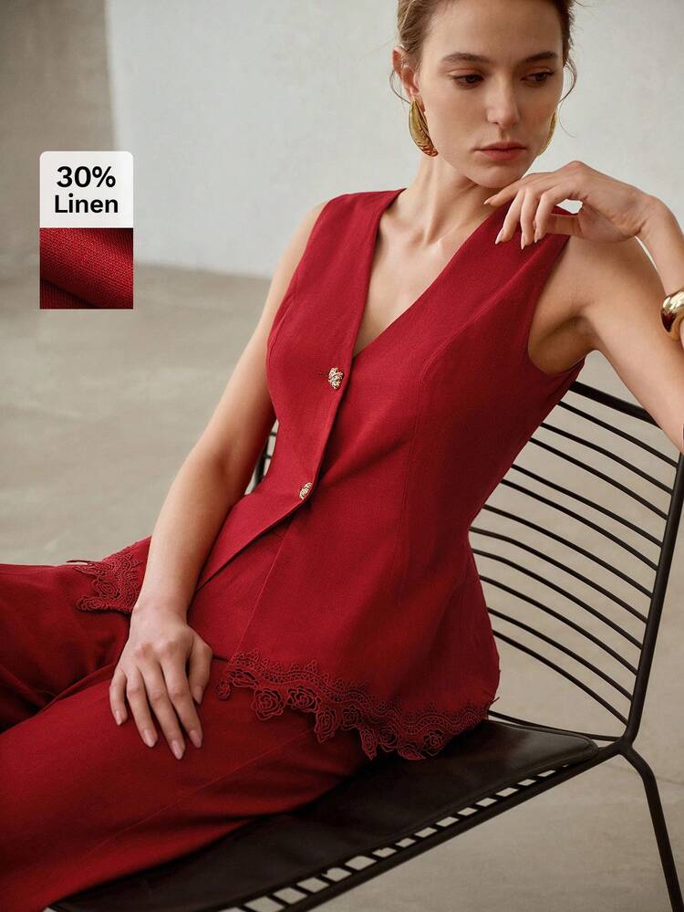 WOMEN'S RED ELEGANT FLORAL TRIM VEST & STRAIGHT LEG PANTS 2 PIECES SET
