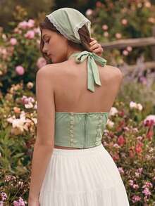 Sweetness Atasan Camisole Leher Halter dengan Tali Tenun Motif Bunga Pastel Seksi Romantis untuk Wanita, Cocok untuk Golf dan Musim Panas. - Hijau - View 6