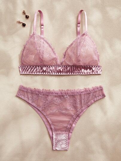 Charlaine 2件套粉色蕾丝拼接薄纱缎面无钢圈三角杯浪漫法式优雅精致女士内衣套装