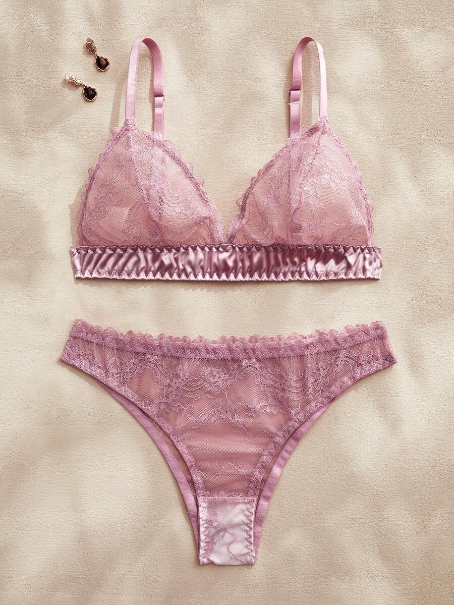 Charlaine 2件套粉色蕾丝拼接薄纱缎面无钢圈三角杯浪漫法式优雅精致女士内衣套装 - 藕粉色 - 查看 1