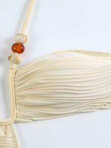Swim Vcay Spring/Summer Solid Color Strapless Backless Tie Beaded Decor High Cut One-Piece Swimsuit For Beach Holiday Vacation Holiday Beige Casual - Apricot - View 5