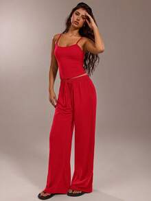 Avantive Women's Solid Color Camisole Top And Pants Casual Outfit,Summer Outfits For Women - Red - View 4