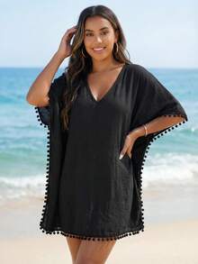 Breezaya 小絨球邊蝙蝠袖罩衫 - 黑色 - 查看 3