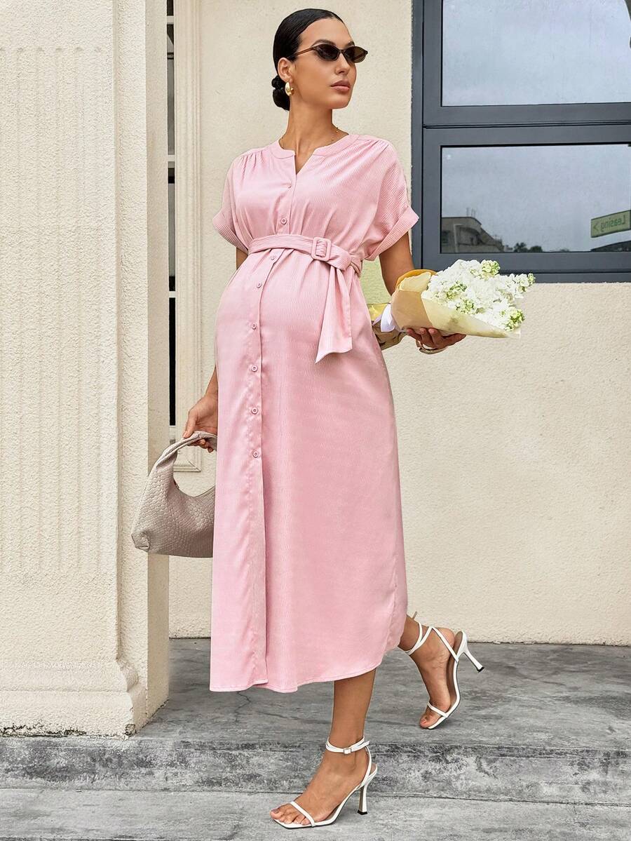 MaterniWear 孕妇休闲日常V领前扣蝙蝠袖连衣裙，夏季 - 粉色 - 查看 1