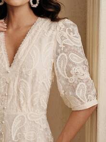Anewsta Romantic French Style High-End Jacquard Petal Sleeve V-Neck Waist Flared Dress, Apricot Color, Suitable For Spring & Summer - Apricot - View 2