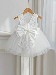 Glamorique Kids 女婴白色网纱缎面无袖连衣裙，花卉刺绣露背蝴蝶结装饰，简约度假风连衣裙，适合婚礼、生日、派对、舞台表演等场合，公主风 - 米色 - 查看 2