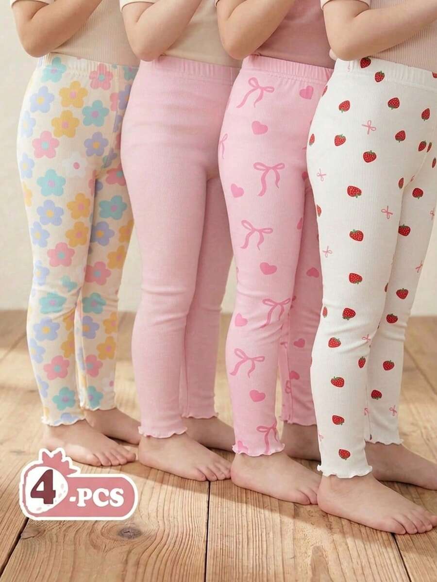 SHEIN Playful Pals 4件套 女童春夏花卉、草莓、爱心、蝴蝶结装饰柔软舒适条纹针织打底裤套装 - 彩色 - 查看 1