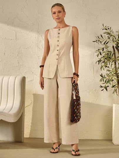 Bóhologie Women, Spring, Summer, Regular Fit, Regular Length, Brown Tailored Blazer And Wide-Leg Trousers Co-Ord, Brown Longline Button-Front Blazer Suit Set, Women's Brown Two Pieces Tailored Outfit, Fitted Long-Sleeve Brown Blazer With Front Buttons, High-Waist Brown Wide-Leg Trousers, Minimalist Brown Pant Suit, Elegant Brown Pantsuit For Women, Polished Office Suit Ensemble In Brown, Chic Monochrome Brown Tailored Separates, Modern Professional Brown Blazer And Palazzo Combo, Tailored Brown Blazer