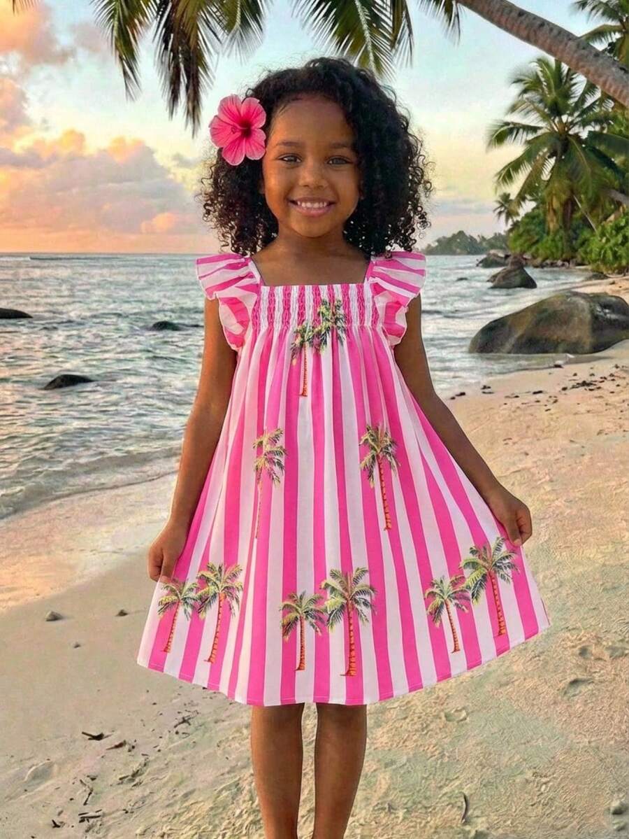 SHEIN Young Girls Tropical Stripe Print Cute Ruffle Hem Loose A-Line Casual Vacation Home Outdoor Back To School Dress, Spring/Summer - Pink - View 1