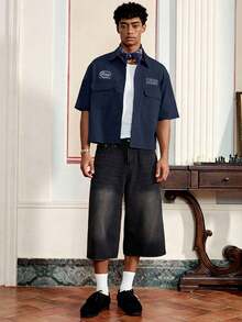 SWAVVY 男士字母印花短袖单排扣工装口袋衬衫 - 寶藍色 - 查看 2