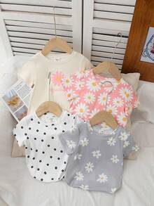 Baby Girl Floral Print Casual Versatile Daily Wear Short Sleeve Top - Multicolor - View 1