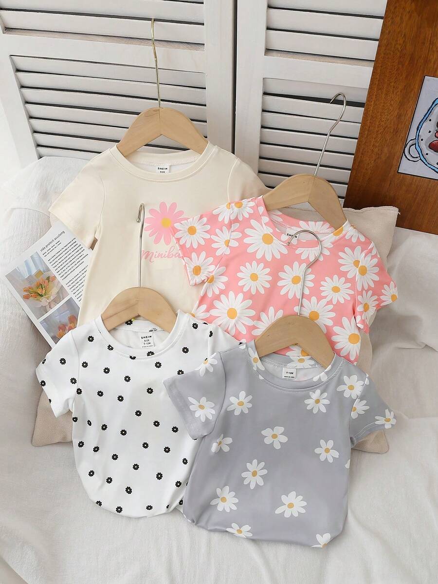 Baby Girl Floral Print Casual Versatile Daily Wear Short Sleeve Top - Multicolor - View 1
