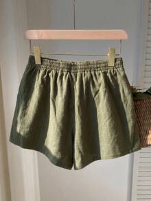 SHEIN EZwear Olive Green Woven Sports Shorts For Women - Army Green - View 2