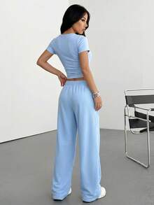 Muchica Women's Knight Print Pleated Short Sleeve Top And Pants Casual 2 Pieces Set - Baby Blue - View 2