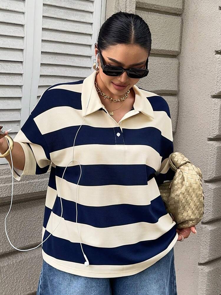 Dazy Plus Color Block Striped Loose Polo Collar Short Sleeve T-Shirt, Casual Summer Wear For Plus Size Women