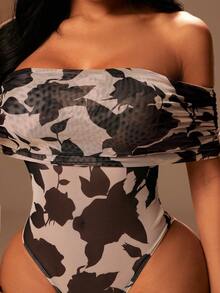 Radiana Body de mujer sexy y elegante con estampado floral de malla negra y hombros descubiertos, adecuado para salidas diarias, citas, reuniones, viajes al trabajo, noches de cita, una prenda versátil para primavera - Multicolor - Ver 7