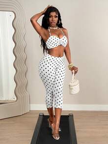 SHEIN BamGlam Bộ đồ nữ 2 mảnh mùa xuân/hè mới, trang phục thường ngày tối giản cho mùa hè, bộ đồ phối hợp đơn giản cho nữ, trang phục chấm bi mùa hè cho nữ, bộ đồ chấm bi trắng thường ngày cho nữ. - trắng - Xem 7