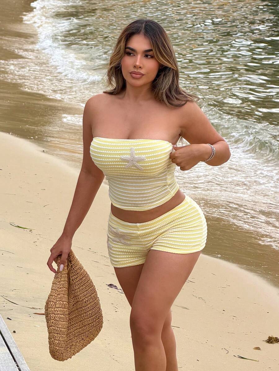 Maria Perezxox 全新夏季奶油黄沙滩度假装 度假针织抹胸短款背心和短裤套装 两件套夏季套装 两件套夏季 夏季两件套 两件套夏季套装 - 黃色 - 查看 1