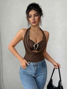 SHEIN Elenzya Women's Elegant Black Draped Neck Sleeveless Fitted Tank Top With Metal Decor, Ruched Design, Suitable For Spring And Summer Zipper Top Body Tops For Ladies - Coffee Brown - View 3