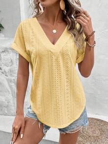 Camiseta casual y versátil para primavera/verano con cuello en V, puños acampanados y estampado degradado en forma de corazón - Amarillo - Ver 4
