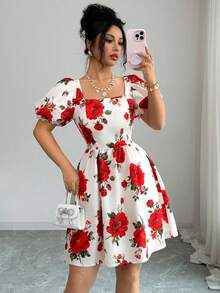 SHEIN Elenzya 女士方领印花褶皱腰身优雅短款派对连衣裙 - 杏色 - 查看 7