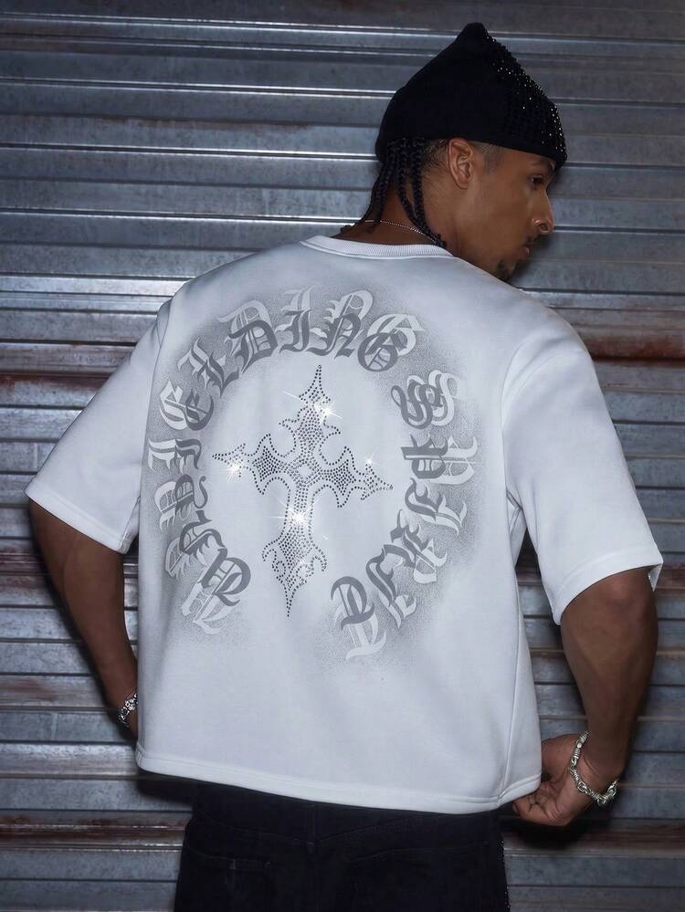 AXEPEAK メンズカジュアルクロス&レタープリントラインストーンTシャツ