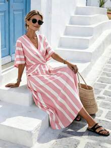 SHEIN Holidaya 女士黄色条纹宽松度假春夏V领修身连衣裙，适合度假、休闲、居家和日常活动 - 粉色 - 查看 3
